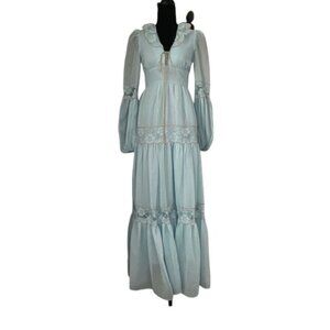 VINTAGE 70s Gunne Sax Blue Lace Long Maxi Prairie Boho Dress Sz XS